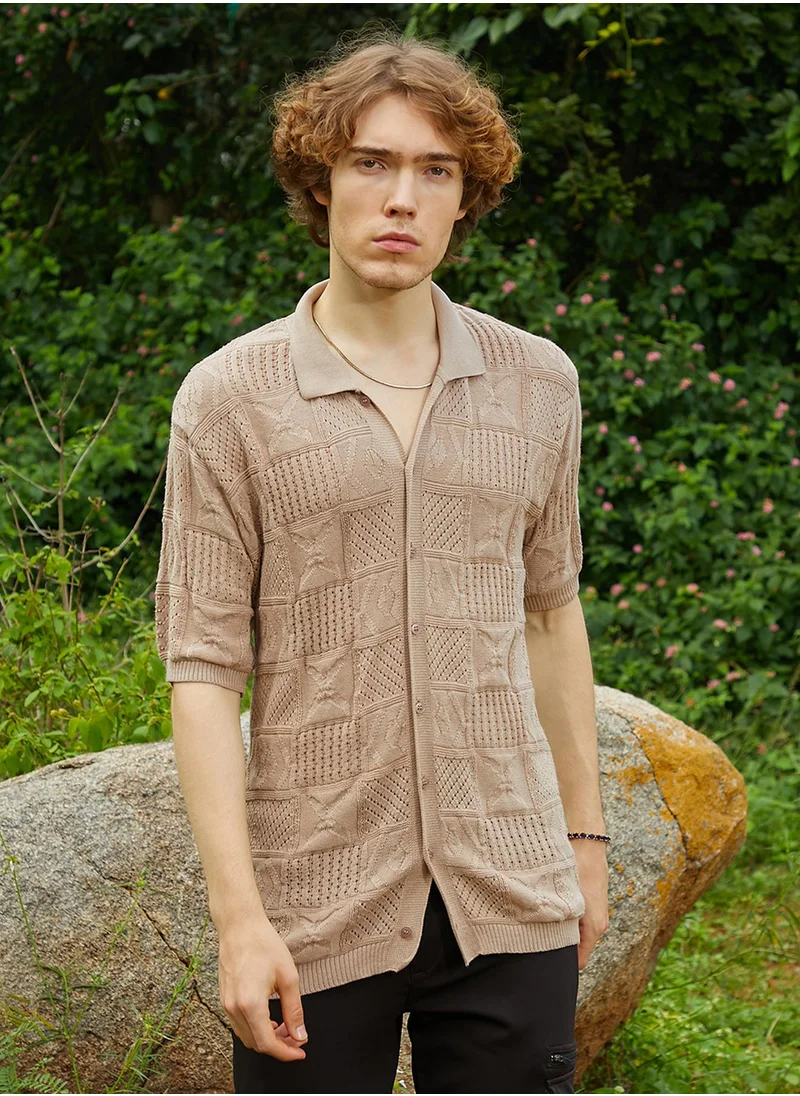 Campus Sutra Men's Sand Beige Patch-Knit Shirt