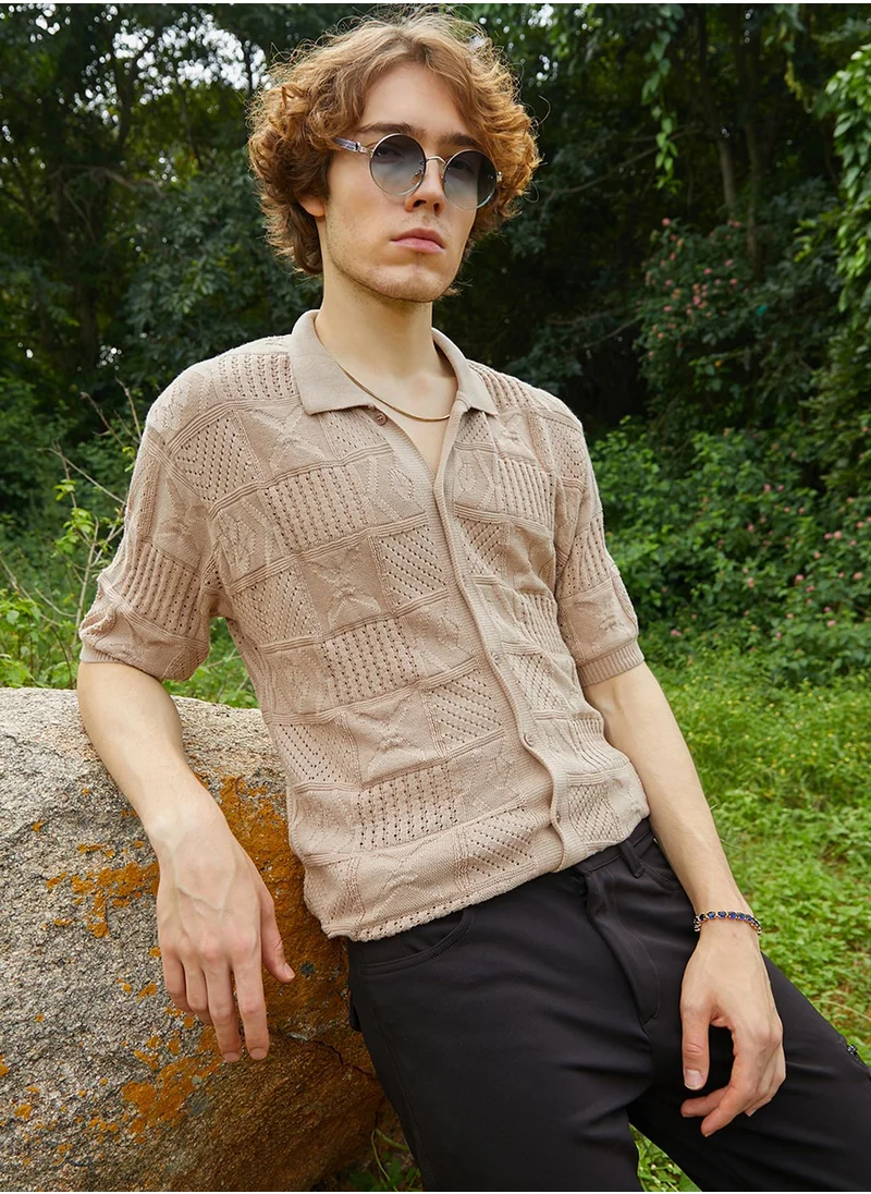 Campus Sutra Men's Sand Beige Patch-Knit Shirt