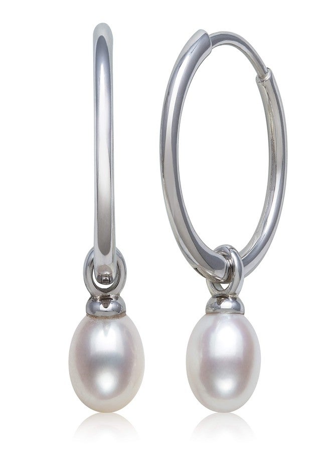 Belacqua AA Quality Round White Cultured Freshwater Pearl Hoop Earrings in Sterling Silver, 3/4 Inches, Size - 7.0 to 8.0mm, Real Pearl Jewelry for Women, Gift Box Included - Image 2