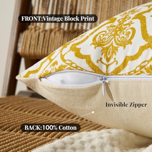 OMMATO Decorative Vintage Pillow Covers 20x20: Mustard Yellow Floral Patterned Covers Couch Sofa Throw Pillows - Farmhouse Boho Cushions Pillowcases Set of 2 Living Room Square Cotton Throw Pillow Covers - Image 3
