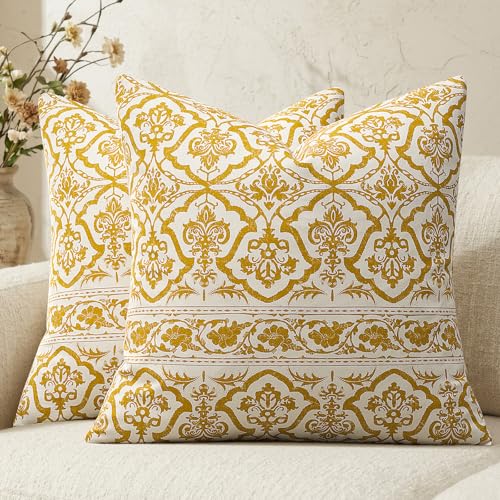OMMATO Decorative Vintage Pillow Covers 20x20: Mustard Yellow Floral Patterned Covers Couch Sofa Throw Pillows - Farmhouse Boho Cushions Pillowcases Set of 2 Living Room Square Cotton Throw Pillow Covers - Image 1