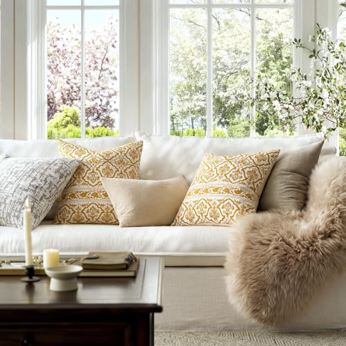 OMMATO Decorative Vintage Pillow Covers 20x20: Mustard Yellow Floral Patterned Covers Couch Sofa Throw Pillows - Farmhouse Boho Cushions Pillowcases Set of 2 Living Room Square Cotton Throw Pillow Covers - Image 4