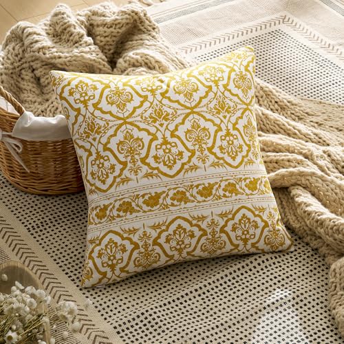 OMMATO Decorative Vintage Pillow Covers 20x20: Mustard Yellow Floral Patterned Covers Couch Sofa Throw Pillows - Farmhouse Boho Cushions Pillowcases Set of 2 Living Room Square Cotton Throw Pillow Covers - Image 2