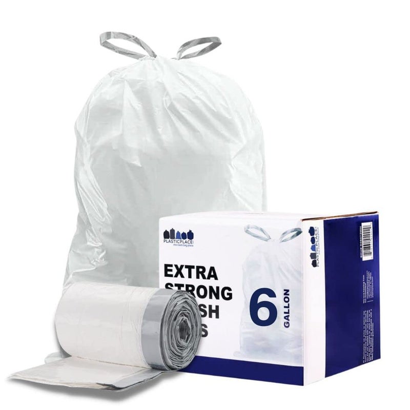 Plasticplace 6 Gallon Trash Bags White Drawstring Garbage Can Liners 07 Mil 17 x 20 200 Count LeakProof Durable Small Trash Bags for Bathroom Office Car and Kitchen