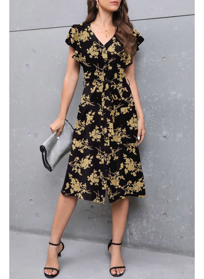 MITILLY Women's Boho Floral Print Flutter Short Sleeve V Neck Button Down Swing Midi Dress with Pockets X-Large Black, Floral Black, XL - Image 4