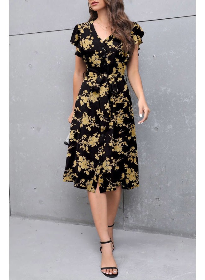 MITILLY Women's Boho Floral Print Flutter Short Sleeve V Neck Button Down Swing Midi Dress with Pockets X-Large Black, Floral Black, XL - Image 5