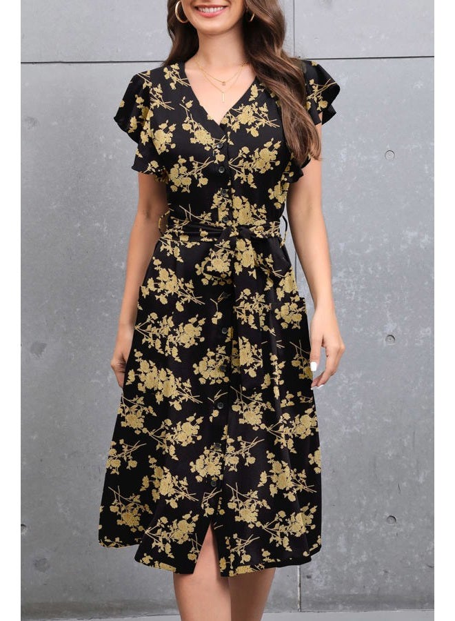 MITILLY Women's Boho Floral Print Flutter Short Sleeve V Neck Button Down Swing Midi Dress with Pockets X-Large Black, Floral Black, XL - Image 2
