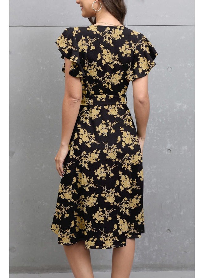 MITILLY Women's Boho Floral Print Flutter Short Sleeve V Neck Button Down Swing Midi Dress with Pockets X-Large Black, Floral Black, XL - Image 3
