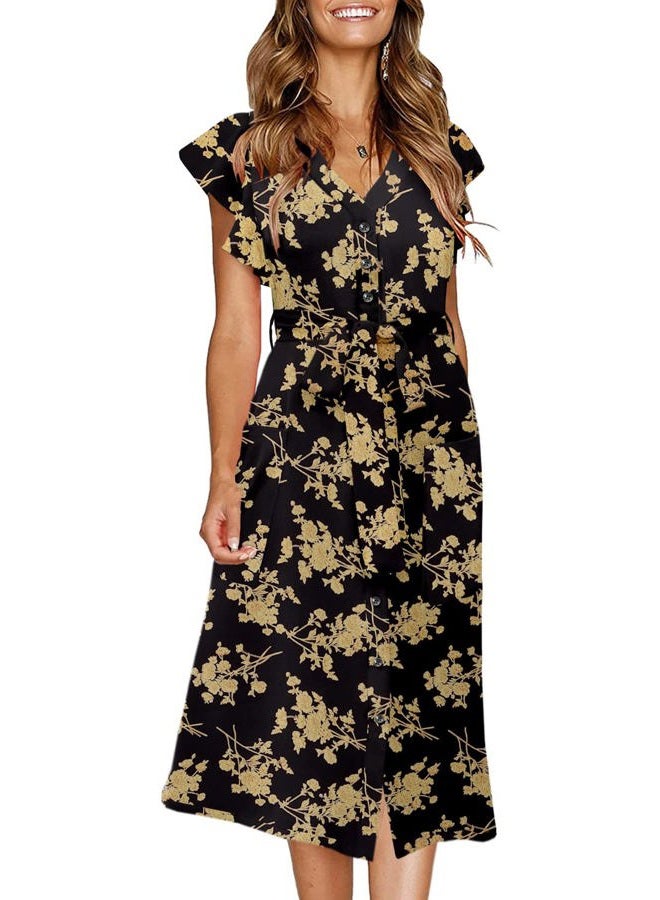 MITILLY Women's Boho Floral Print Flutter Short Sleeve V Neck Button Down Swing Midi Dress with Pockets X-Large Black, Floral Black, XL - Image 1