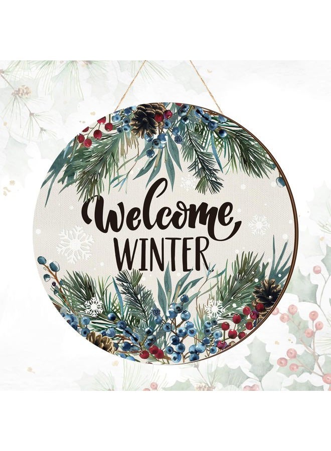 Chunful Winter Welcome Sign for Front Door Decor, Winter Farmhouse Pine Tree Wood Door Hanger for Outdoor Outside Porch, Rustic Christmas Snowflakes Wooden Wreath Wall Hanging Decoration(Berries) - Image 1