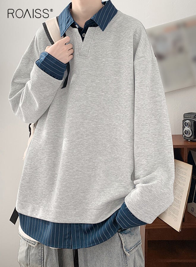 roaiss Men's Stylish Striped Patchwork Polo Shirt Lightweight Loose Fit Long Sleeve Top Blue White Striped Design, Relaxed Casual Streetwear, Office Commuting Outfits Comfortable Breathable Fabric for Daily Wear - Image 1