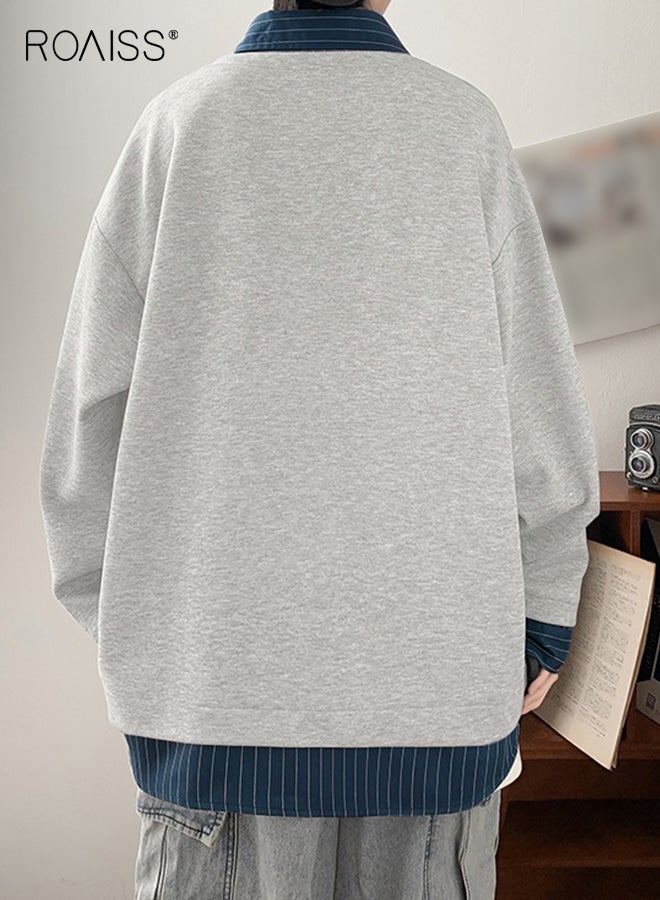 roaiss Men's Stylish Striped Patchwork Polo Shirt Lightweight Loose Fit Long Sleeve Top Blue White Striped Design, Relaxed Casual Streetwear, Office Commuting Outfits Comfortable Breathable Fabric for Daily Wear - Image 2