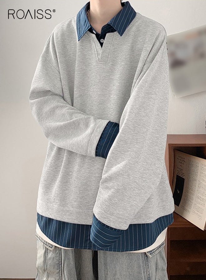 roaiss Men's Stylish Striped Patchwork Polo Shirt Lightweight Loose Fit Long Sleeve Top Blue White Striped Design, Relaxed Casual Streetwear, Office Commuting Outfits Comfortable Breathable Fabric for Daily Wear - Image 3