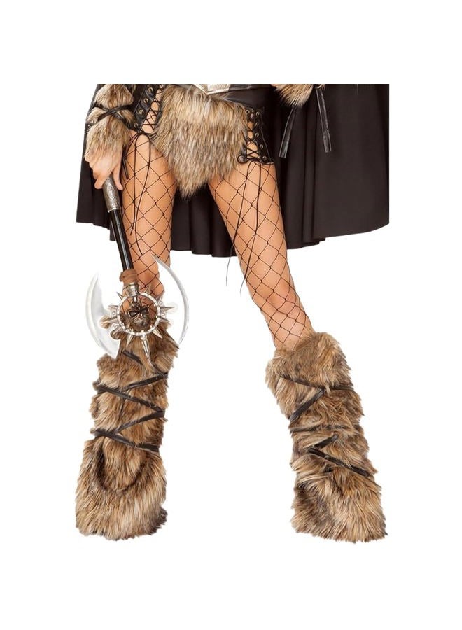 GREUS Halloween Viking Warrior Costume Set Brown Faux Fur Arm & Leg Warmers Fluffy Long Boot Cuffs Covers Arm Wrap for Women - Image 4