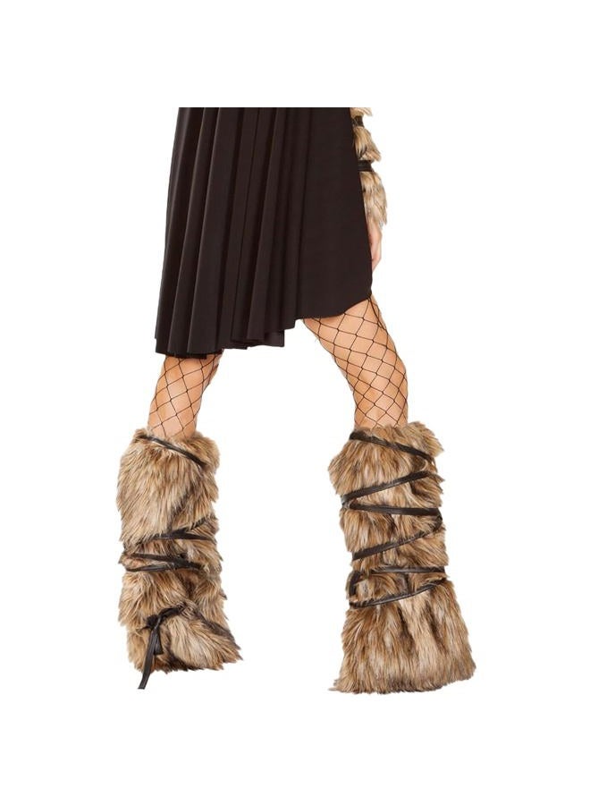 GREUS Halloween Viking Warrior Costume Set Brown Faux Fur Arm & Leg Warmers Fluffy Long Boot Cuffs Covers Arm Wrap for Women - Image 5
