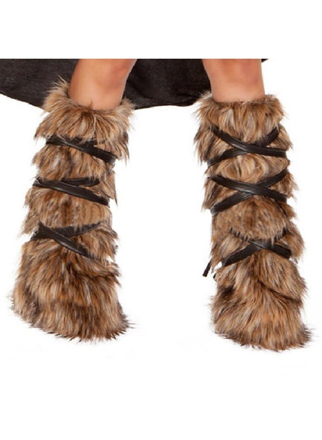 GREUS Halloween Viking Warrior Costume Set Brown Faux Fur Arm & Leg Warmers Fluffy Long Boot Cuffs Covers Arm Wrap for Women - Image 1