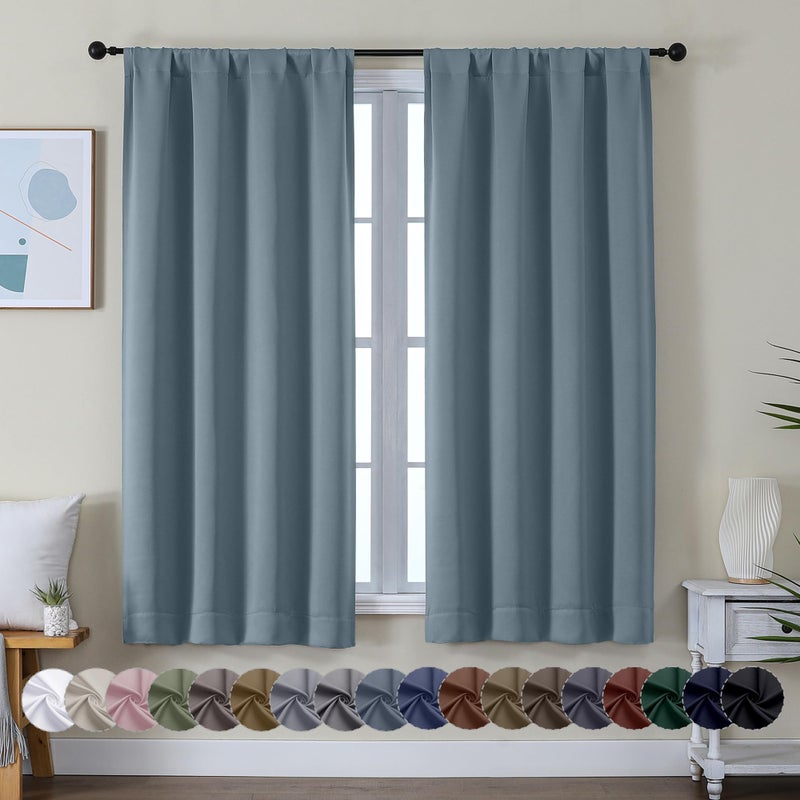 Simplebrand Ava Stone Blue Blackout Curtains for Bedroom 63 Inch Length 2 Panels, Solid Thermal Insulated Energy Saving Rod Pocket Window Treatment Curtains Blackout Drapes, W40 x L63 Inch, Stone Blue - Image 1