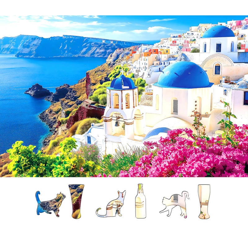 MINIWAN 500 Piece Jigsaw Puzzle for Adults Santorini Blue Domes Greek Island Coastal View with Unique Shaped Pieces 23x15 Inch Unique Art Puzzle Challenging Hard Difficult Puzzles for Adults - Image 3