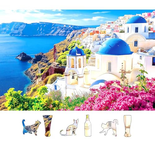 MINIWAN 500 Piece Jigsaw Puzzle for Adults Santorini Blue Domes Greek Island Coastal View with Unique Shaped Pieces 23x15 Inch Unique Art Puzzle Challenging Hard Difficult Puzzles for Adults - Image 1