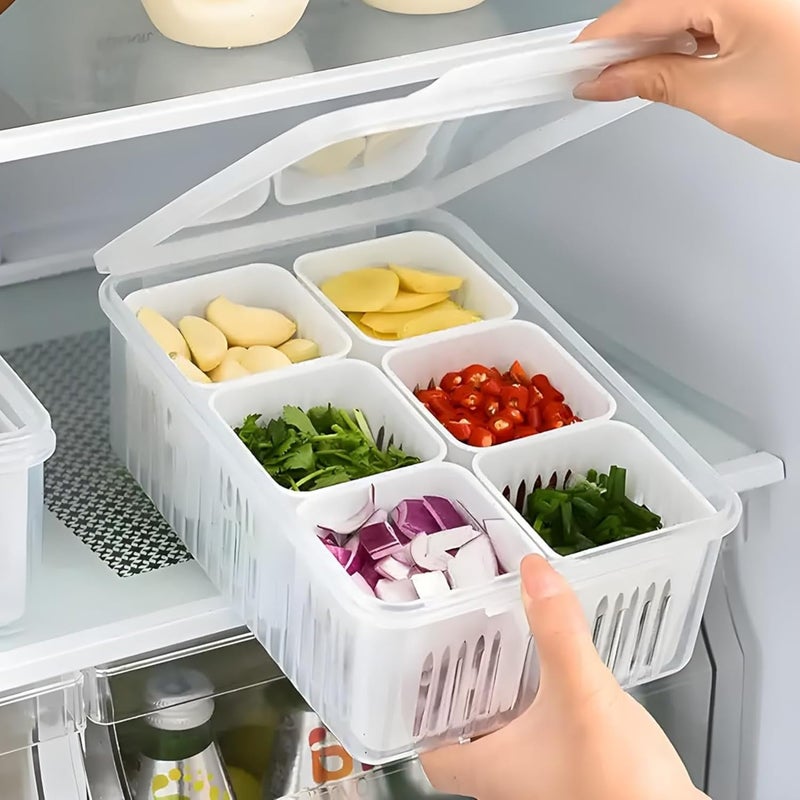 Sangpri 6 Grid Fridge Storage Box with Airtight Lids Space Saving Fridge Food Storage Containers For Fresh Fruits Vegetables Snacks and Meal Prep Refrigerator Food Storage Box - Image 1