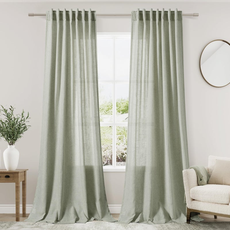 Nanspring Sage Green Curtains 84 Inch Length 2 Panels Back Tab Rod Pocket Light Filtering Semi Sheer Drapes Linen Cotton Textured Airy Farmhouse Living Room Decor Light Green Curtains for Bedroom - Image 1