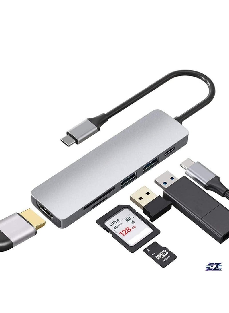 ELTRAZONE محور USB C 6 في 1 إلى محول HDMI 4K، قارئ بطاقات SD/TF، 3 منافذ USB 3.0، متوافق مع iPad Pro، MacBook Pro/Air، iMac، DELL، أجهزة الكمبيوتر المحمولة والأجهزة اللوحية – رمادي فضائي - Image 1
