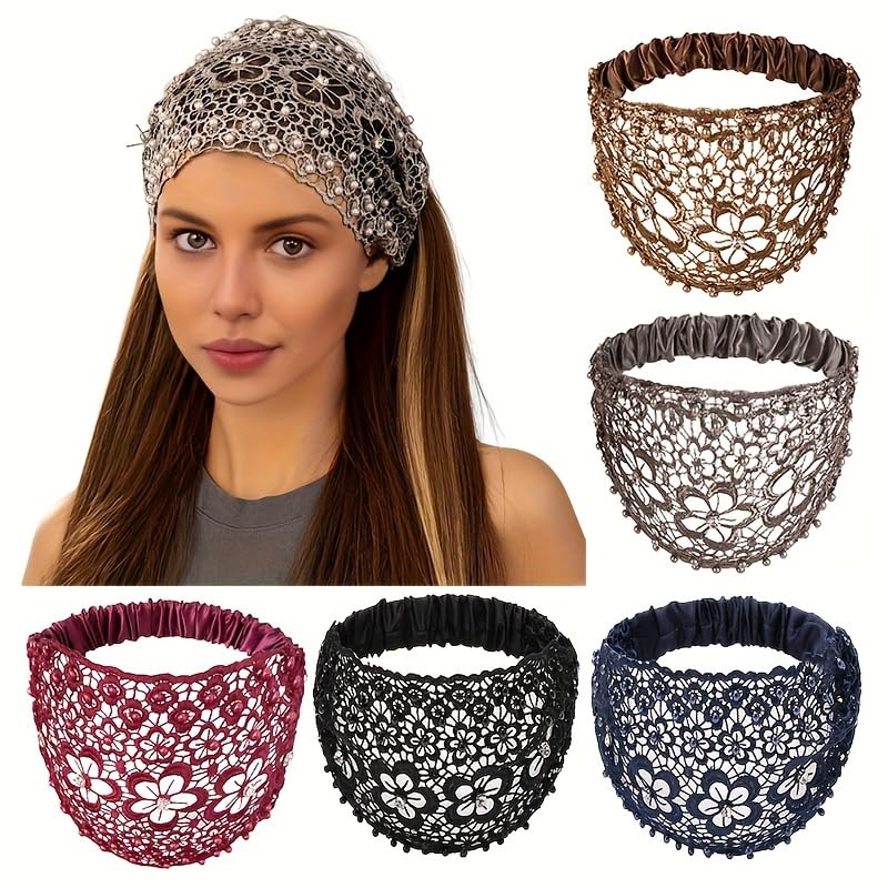 BWOGUE BWOGUE Lace Headband for Women Elastic Wide Lace Pearl Floral Crochet Lace Band Boho Bandana Hair Turban Head band Bohemian Headpiece Vintage Fashion Hair Accessories for Women Girls Yoga Gym Sports Brown Pack1 - Image 1