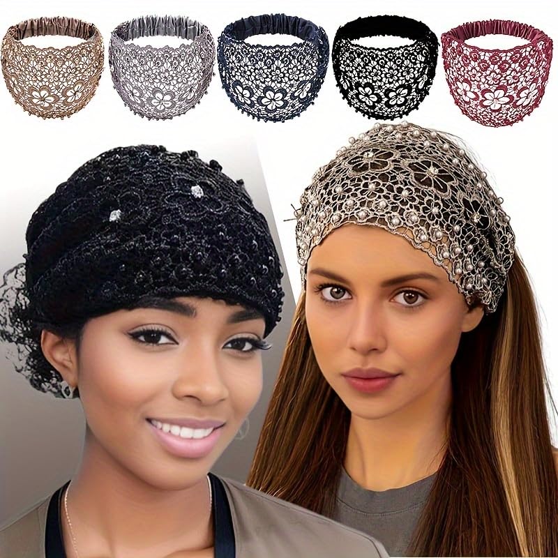 BWOGUE BWOGUE Lace Headband for Women Elastic Wide Lace Pearl Floral Crochet Lace Band Boho Bandana Hair Turban Head band Bohemian Headpiece Vintage Fashion Hair Accessories for Women Girls Yoga Gym Sports Brown Pack1 - Image 3