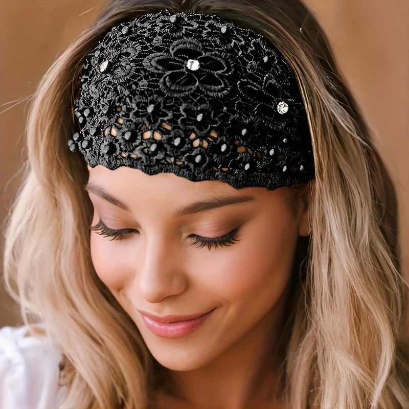 BWOGUE BWOGUE Lace Headband for Women Elastic Wide Lace Pearl Floral Crochet Lace Band Boho Bandana Hair Turban Head band Bohemian Headpiece Vintage Fashion Hair Accessories for Women Girls Yoga Gym Sports Brown Pack1 - Image 2