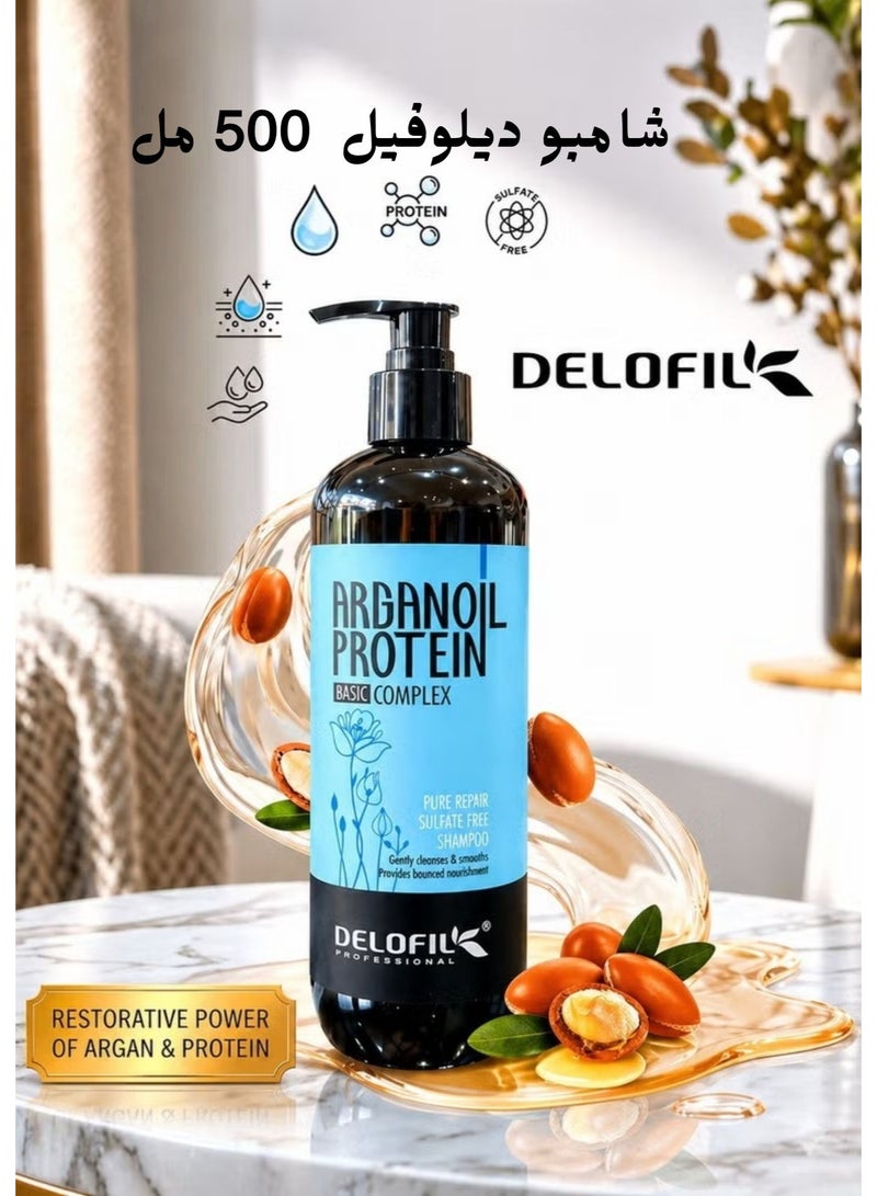 DELOFIL Professional Argan Oil & Protein Shampoo - 500ml - Sulfate-Free for Damaged & Color-Treated Hair. - Image 1
