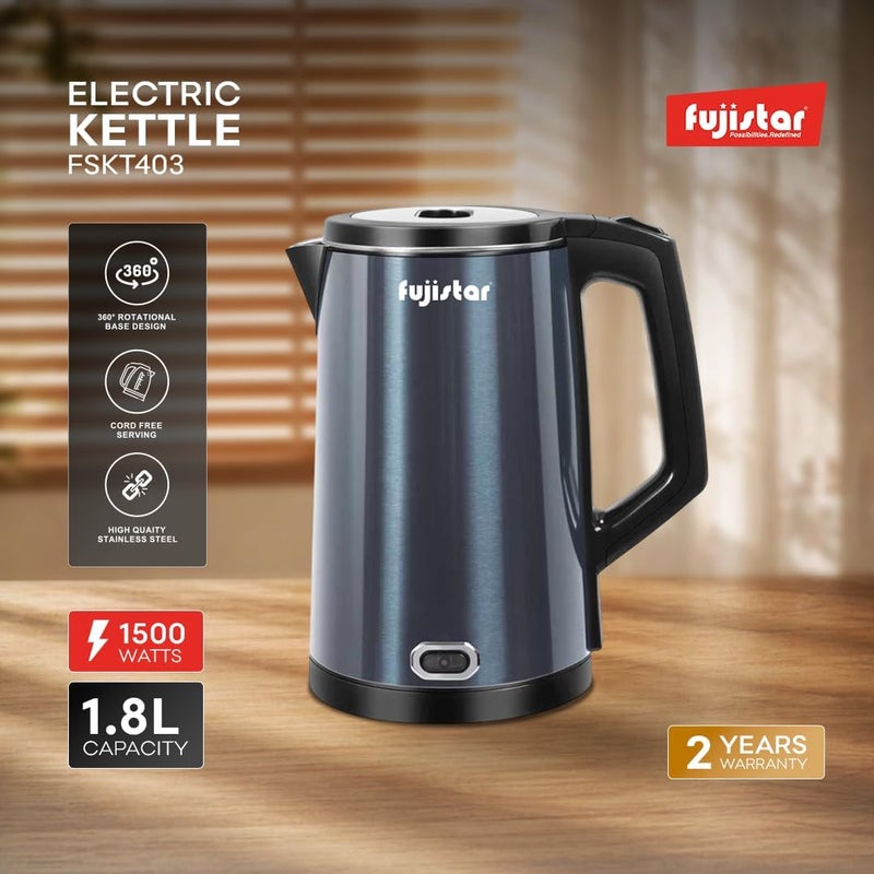 Fujistar FSKT403 Electric Kettle, 1.8L, Stainless Steel, Cool Touch Body, Auto Shut-Off, 1500W, 360° Rotational Base - Image 2