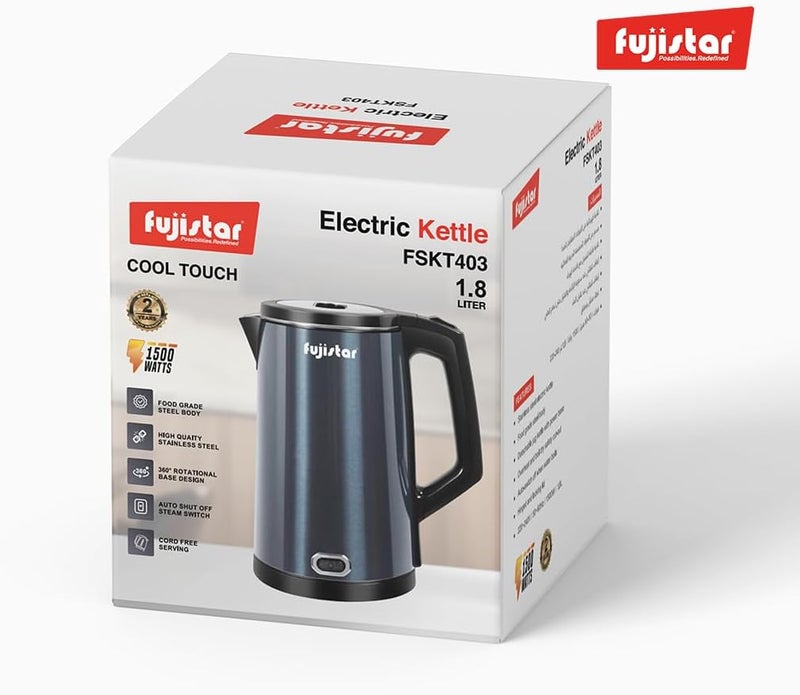 Fujistar FSKT403 Electric Kettle, 1.8L, Stainless Steel, Cool Touch Body, Auto Shut-Off, 1500W, 360° Rotational Base - Image 5