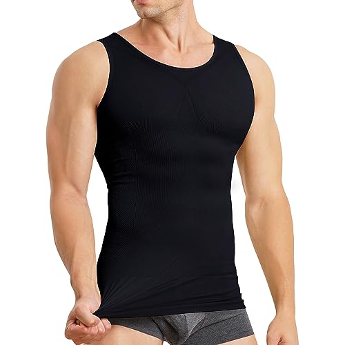 MOLUTAN Mens Compression Shirt Slimming Body Shaper Vest Sleeveless Waist Trainer Workout Tank Top Tummy Control Shapewear (Black, X-Small-Small) - Image 1