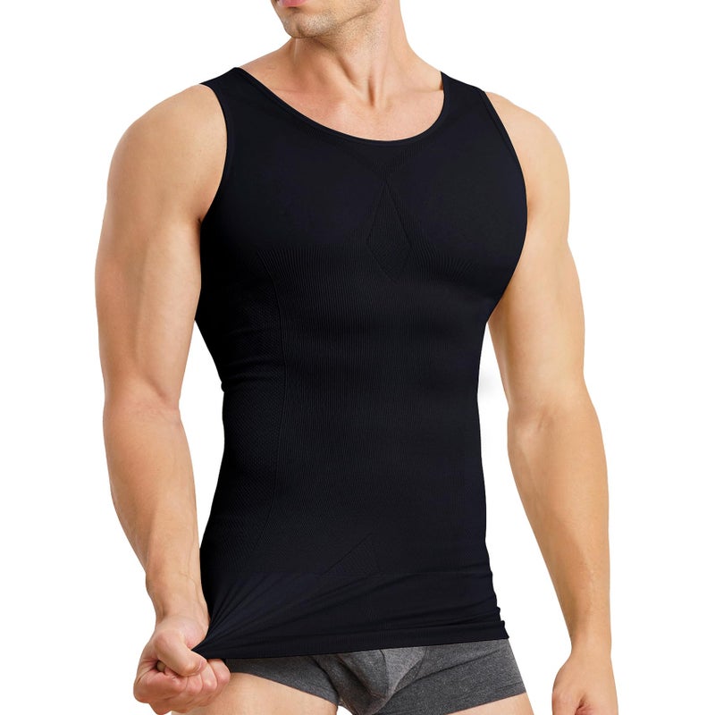 MOLUTAN Mens Compression Shirt Slimming Body Shaper Vest Sleeveless Waist Trainer Workout Tank Top Tummy Control Shapewear (Black, X-Small-Small) - Image 5