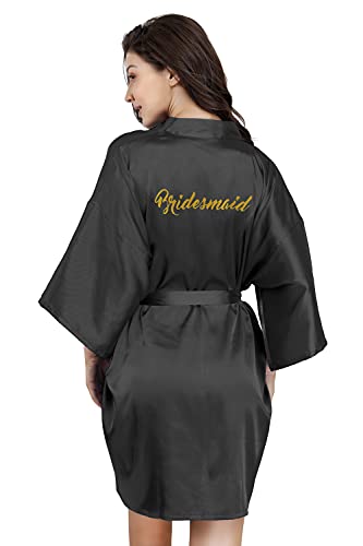 EPLAZA Bride Bridesmaid Robes for Wedding Bridal Party Women Short Solid Color Silky Satin Robe Kimono with Gold Glitters (Black, Brideamaid) - Image 1