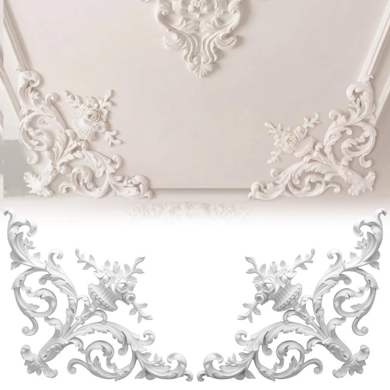 Colingmill 2 Pcs Ceiling Molding Kit Corners Murals Trim French Style Accent Wall Decor for Interior Medallion Ceiling with Flowers Pattern Decorative Panels for Wall (13.4 x 13.4 in,Stylish) - Image 1