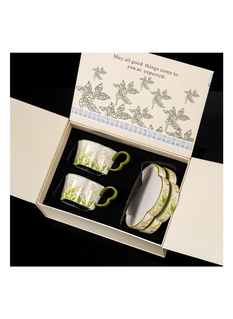Aikanbo 2pcs Ceramic Coffee Cup and Saucer Gift Box Set，Vintage Floral Design，Perfect for Espresso，Tea or Coffee Lovers， Gift Boxed for Home，Office or Special Occasion ( Lily of the Valley) - Image 5