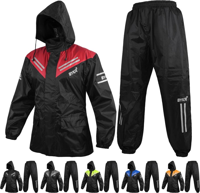 BYKR Waterproof Motorcycle Rain Suit for Men & Women - 2-Piece Breathable & Windproof Red L - Image 1