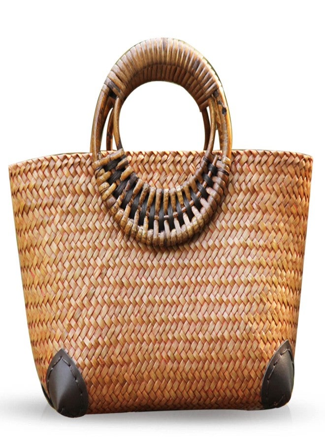 QTKJ Summer Beach Bag, Boho Handmade Rattan Handbag, Round Bamboo Handle, Large Straw Retro patternTote Bag for Beach Vacation Daily(Khaki) - Image 1