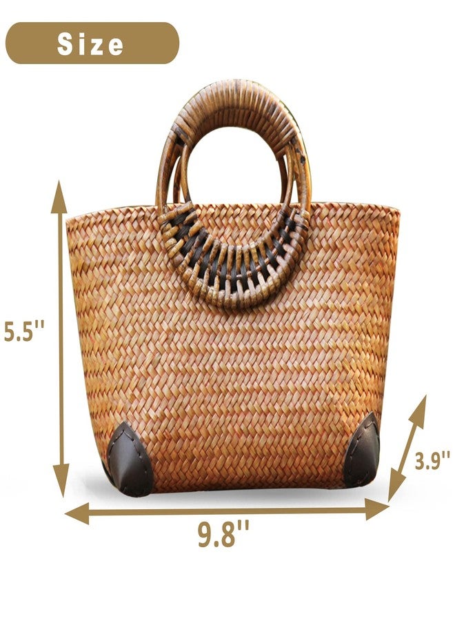 QTKJ Summer Beach Bag, Boho Handmade Rattan Handbag, Round Bamboo Handle, Large Straw Retro patternTote Bag for Beach Vacation Daily(Khaki) - Image 2