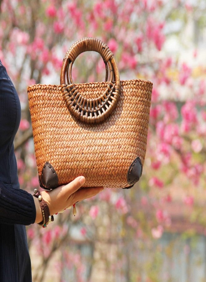 QTKJ Summer Beach Bag, Boho Handmade Rattan Handbag, Round Bamboo Handle, Large Straw Retro patternTote Bag for Beach Vacation Daily(Khaki) - Image 5