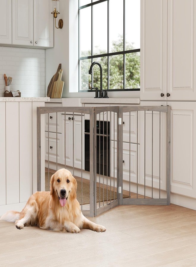 Giantex Freestanding Dog Gate for Small Medium Dogs, 63" W x 30" H Foldable 3-Panel Wooden Pet Gate, No Assembly Required, Indoor Safety Fence for Doorways, Stairs, Hallways, Bedrooms (Gray) - Image 4