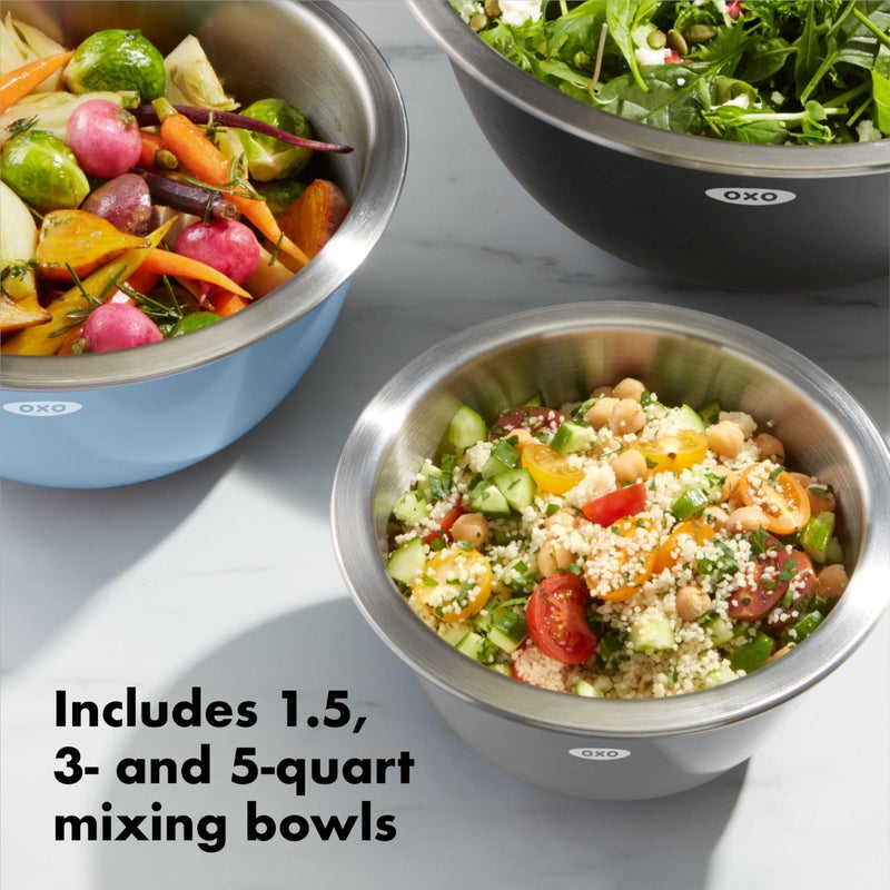 OXO OXO Good Grips 3-Piece Stainless Steel Mixing Bowl Set - Blue/Gray, 4.7L, Multi Size  - Image 2