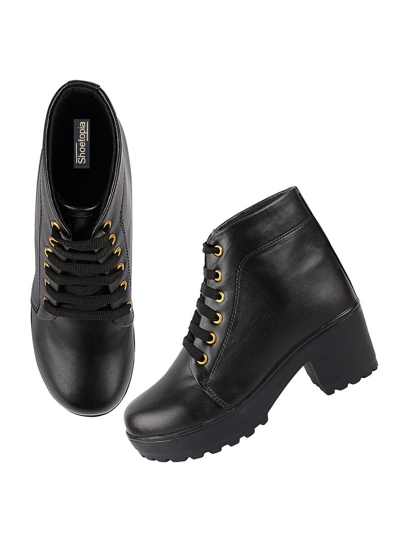 Shoetopia Womens/Girls Black Platform Heeled Classic Solid Boots - Image 2