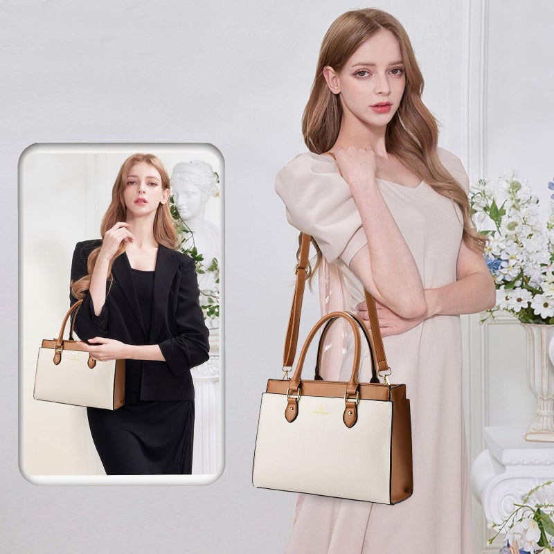 KURGOOL Handbags Purses for Women, Trendy Leather Dual-tone Tote Purse, Designer Handbag Shoulder Bag Top Handle Satchel Bags (Beige & Brown) - Image 2