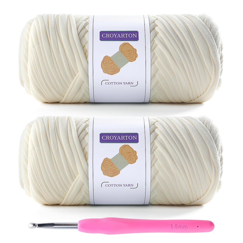 NDICANG 2 Pack T Shirt Yarn for Crocheting with 1 Crochet Hook, Elastic Tshirt Yarn for Crochet Bag/Baskets/Home Decor, Spaghetti Yarn Thick Knitting Yarn Total Length 130 Yds, Weight 14 Oz (Cream) - Image 1