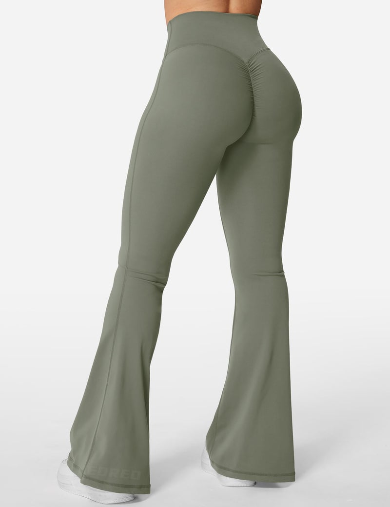 YEOREO Kalie Flare Scrunch Leggings for Women V Cross Waist Bell Bottom Yoga Pants Tummy Control Bootcut Workout Leggings Grey Green M - Image 3