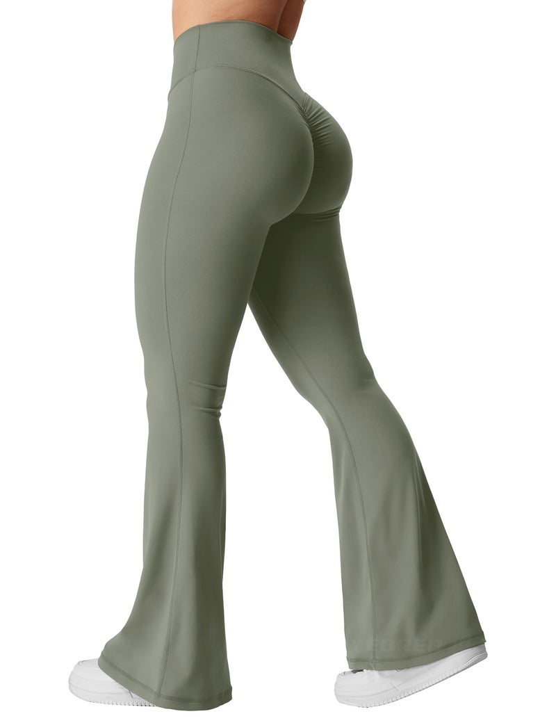 YEOREO Kalie Flare Scrunch Leggings for Women V Cross Waist Bell Bottom Yoga Pants Tummy Control Bootcut Workout Leggings Grey Green M - Image 1