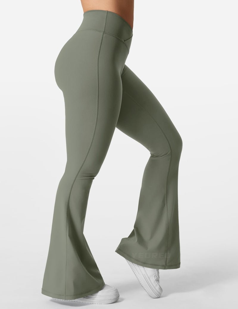 YEOREO Kalie Flare Scrunch Leggings for Women V Cross Waist Bell Bottom Yoga Pants Tummy Control Bootcut Workout Leggings Grey Green M - Image 4