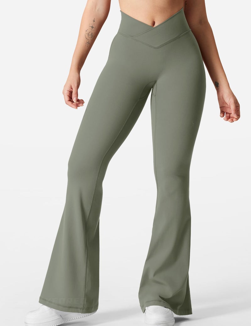 YEOREO Kalie Flare Scrunch Leggings for Women V Cross Waist Bell Bottom Yoga Pants Tummy Control Bootcut Workout Leggings Grey Green M - Image 2